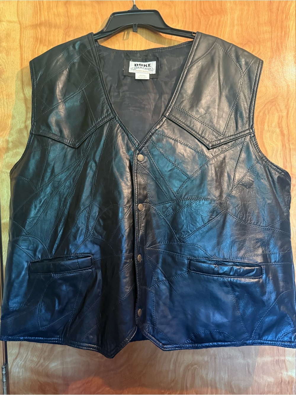 Duke Haband Leather Patchwork pieced Black Men's Vest 2XL lined snaps
